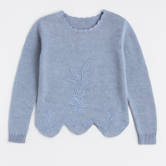 Sweater Bee by Banff Sweaters - Sweater Bee L Lavender 80s Deadstock Beaded Scalloped Hem Shoulder Pad Sweater